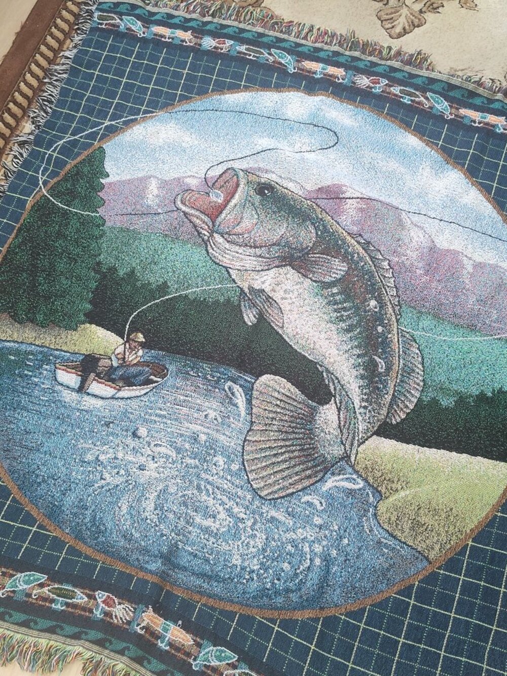 Woven Yarn Blanket, Large Mouth Bass, Fishing, Lake Mountains